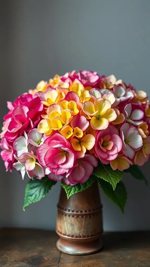 A vibrant bouquet of hydrangeas in shades of pink, yellow, and white, arranged in a rustic vase.