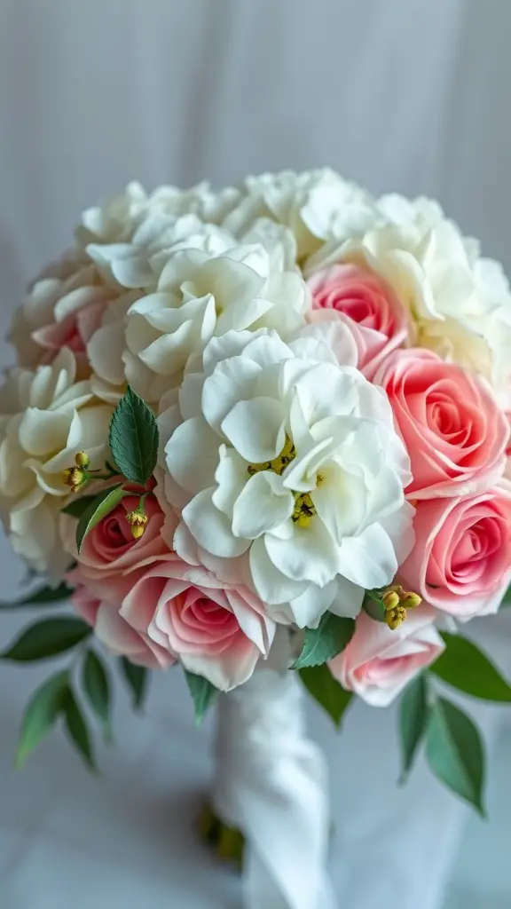 A wedding bouquet featuring white hydrangeas and pink roses, tied with a ribbon.
