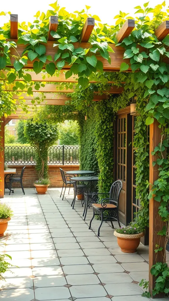 A beautiful patio with a wooden pergola covered in climbing vines, featuring black chairs and tables, surrounded by potted plants.