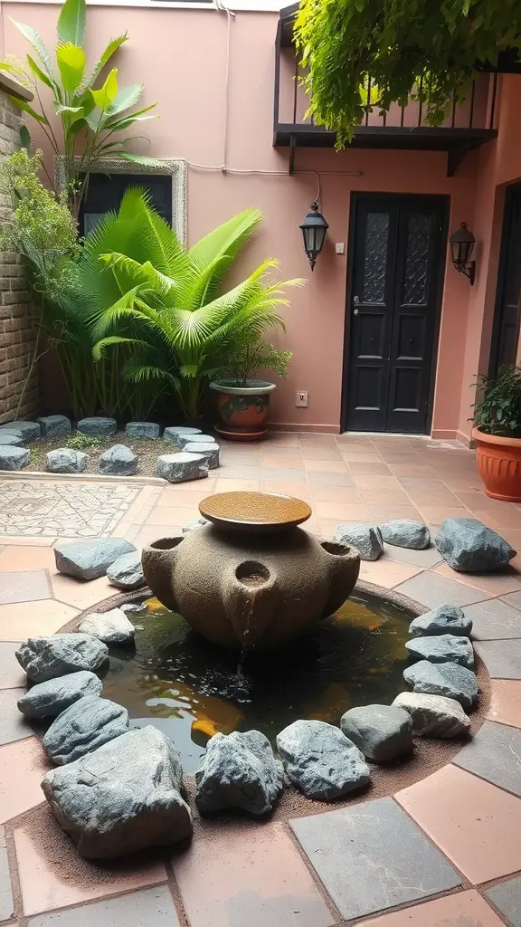 A tranquil terrace featuring a central water fountain surrounded by stones and plants.