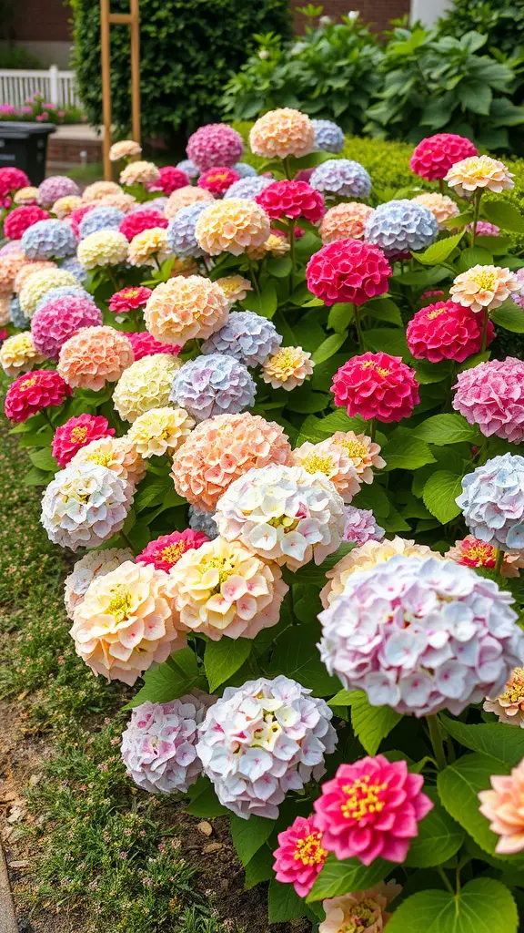 Colorful hydrangeas in shades of pink, blue, and peach blooming in a garden