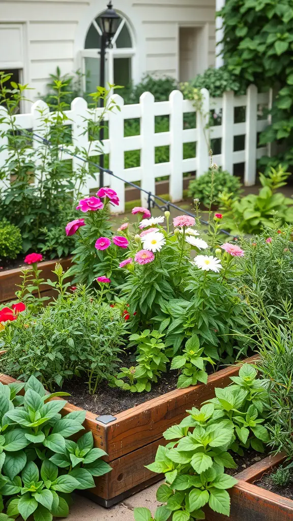A vibrant garden with colorful flowers and lush herbs in wooden planters.
