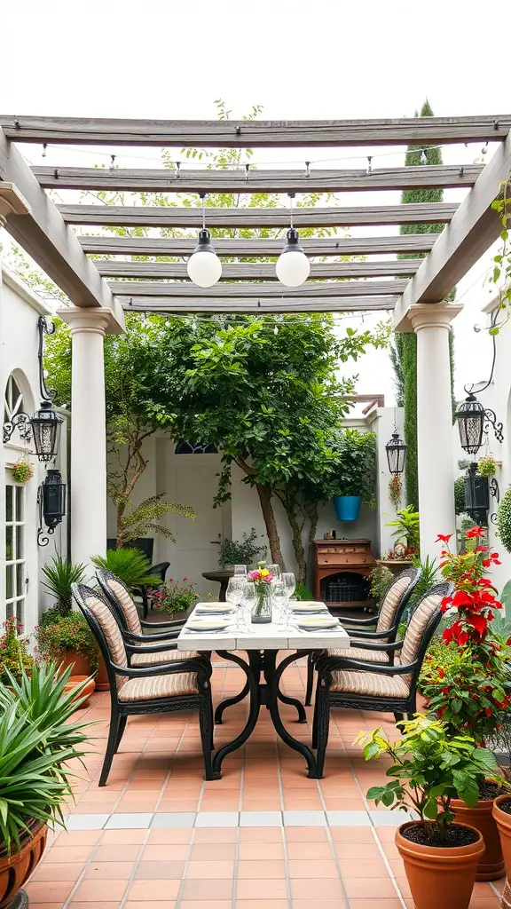 Cozy outdoor dining area with a table, chairs, and surrounding plants under a pergola.