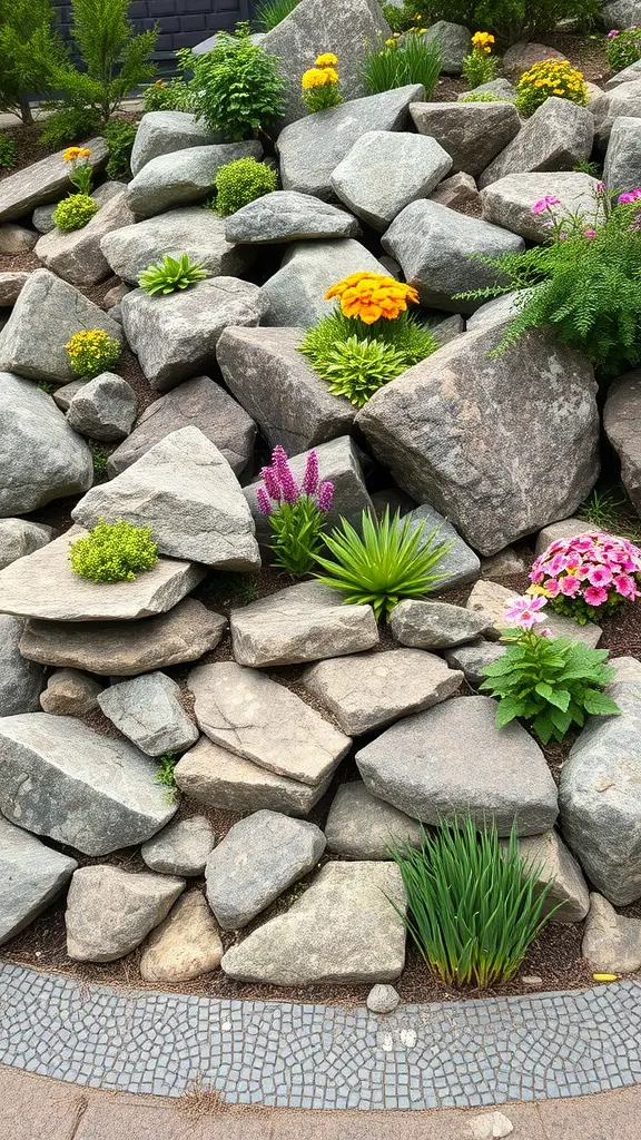 A rock garden featuring various colorful flowers and stones arranged in a tiered design.