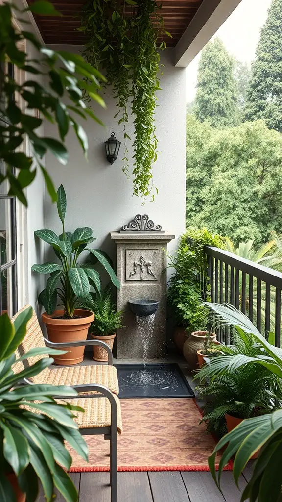 A cozy balcony with a water fountain surrounded by lush plants and a comfortable seating area.