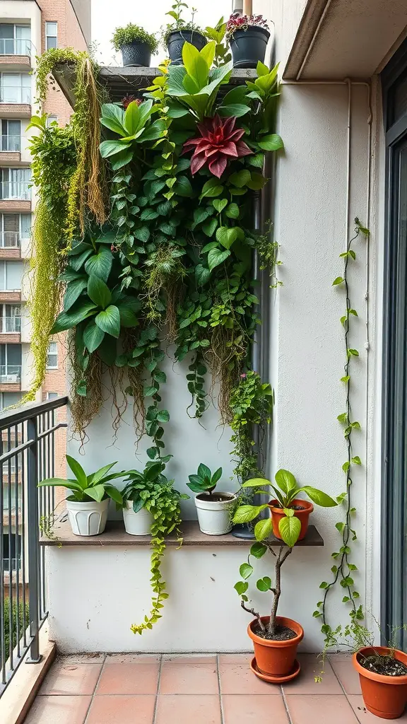 A vertical garden on a balcony with various plants in pots, showcasing lush greenery and vibrant colors.