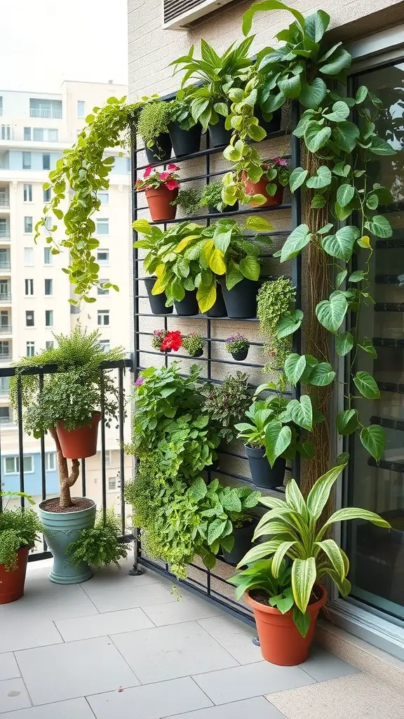 A vertical garden on a balcony featuring various plants in pots arranged on a wall-mounted structure.