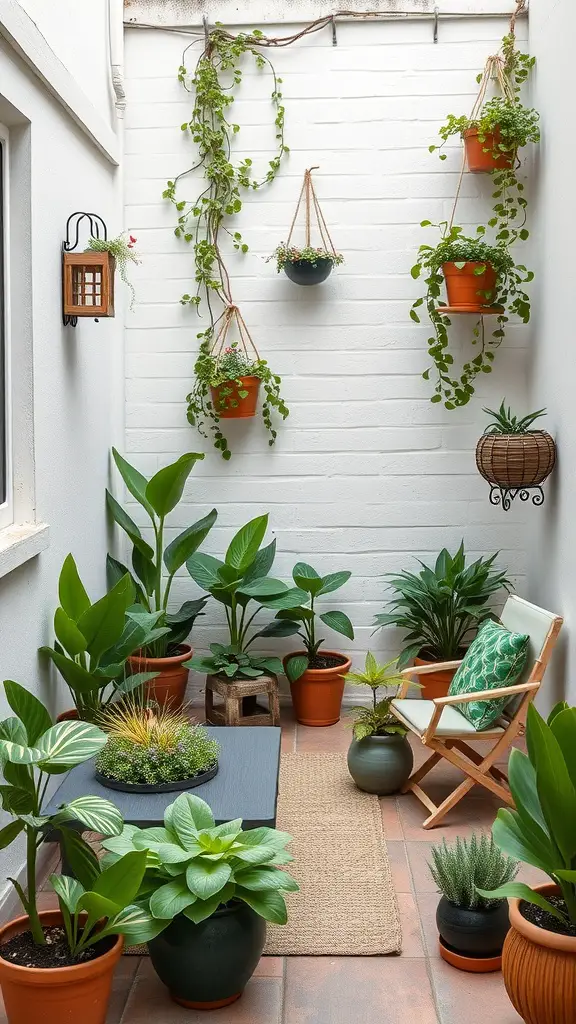 A small terrace garden with potted plants, hanging planters, and a cozy seating area.