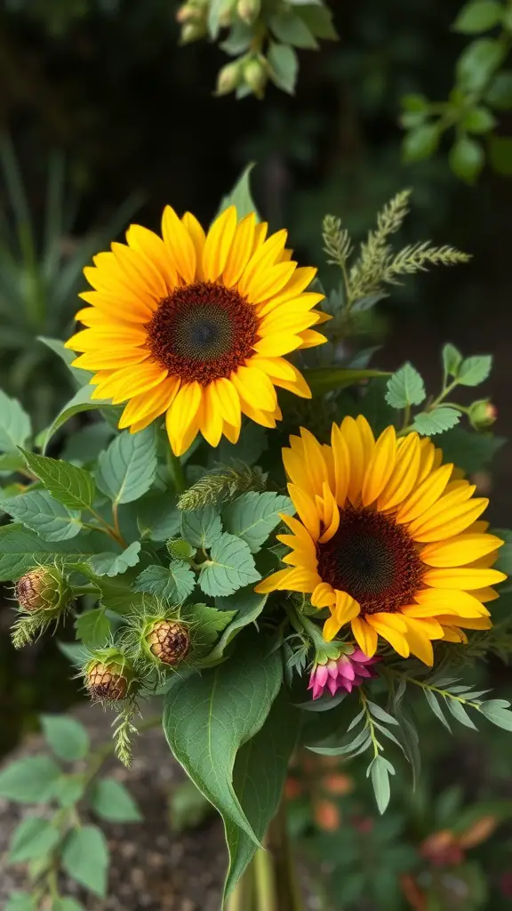 A vibrant sunflower bouquet featuring two sunflowers surrounded by seasonal greens and small buds.