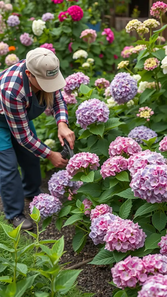 A gardener pruning colorful hydrangea flowers in a lush garden.