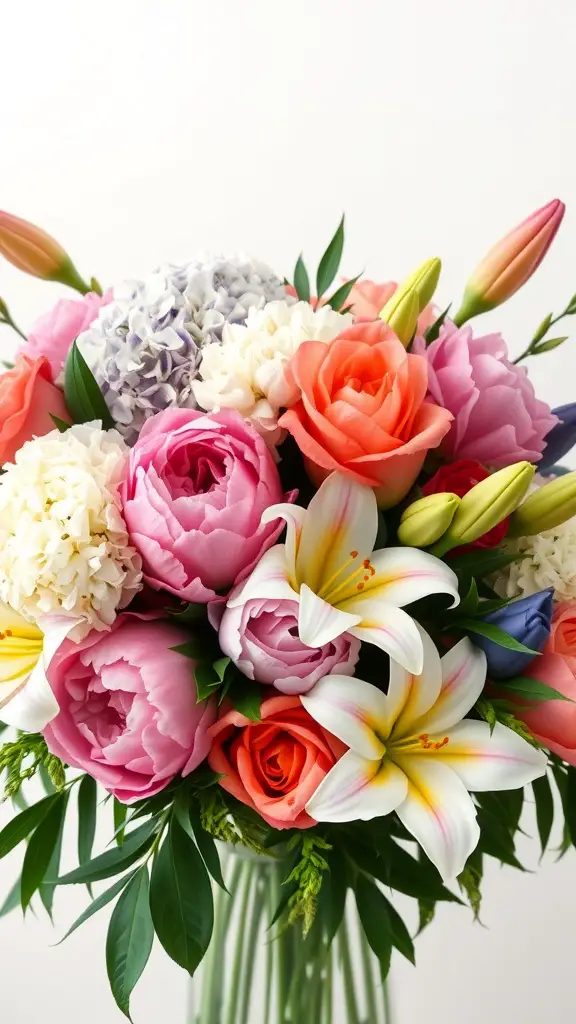 A vibrant bouquet featuring hydrangeas, peonies, roses, and lilies in various colors.