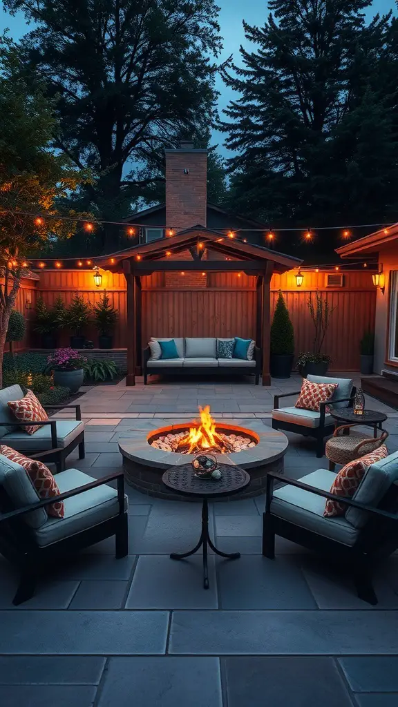 A cozy fire pit area with chairs arranged around a fire pit, string lights overhead, and a warm atmosphere.