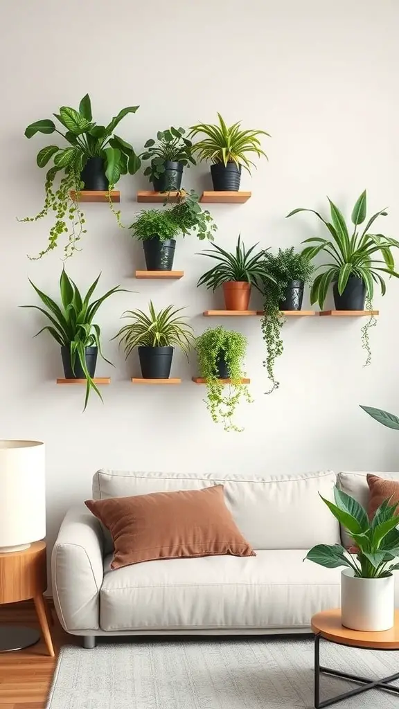 A wall-mounted planter display with various plants on wooden shelves above a light-colored sofa.