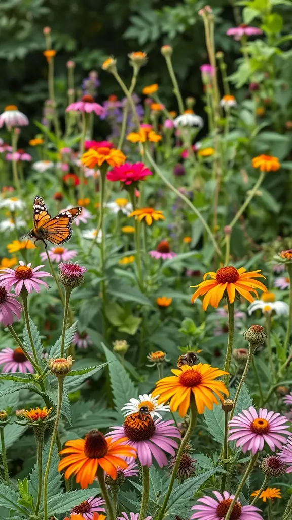 A colorful flower garden with various blooms, including coneflowers and zinnias, attracting butterflies and bees.