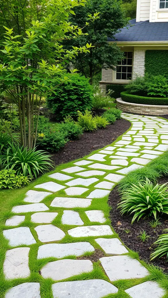 A winding pathway made of natural stone surrounded by green plants.