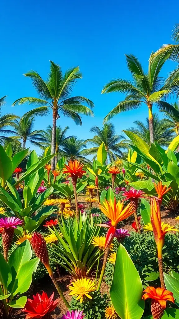 A vibrant tropical flower garden with palm trees and colorful blooms under a clear blue sky.