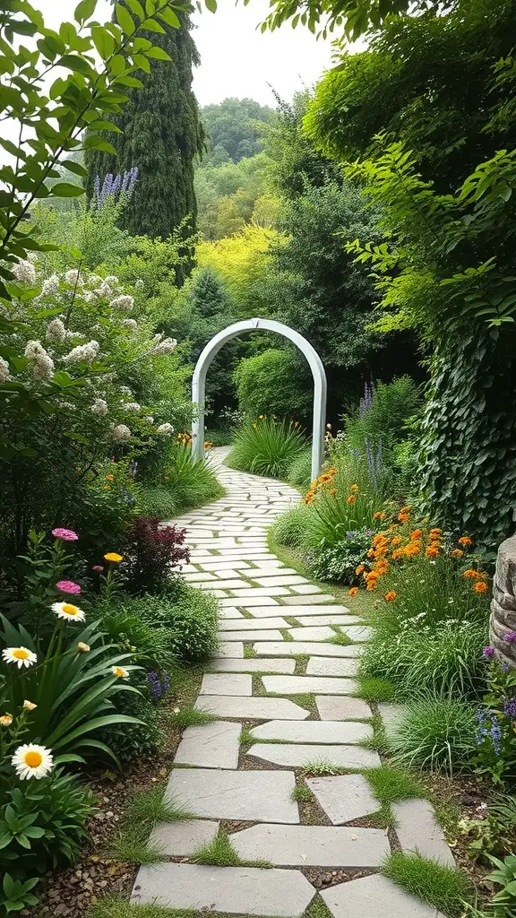A winding stone path surrounded by colorful flowers and lush greenery, leading to an archway.