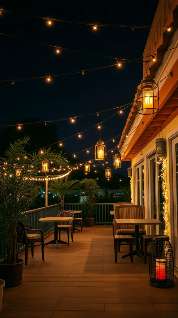 A beautifully lit terrace with string lights and lanterns, creating a cozy atmosphere.