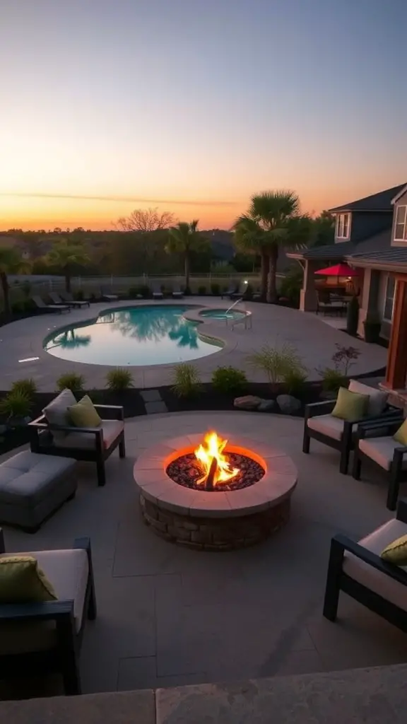 A stylish fire pit surrounded by seating near a pool at sunset.