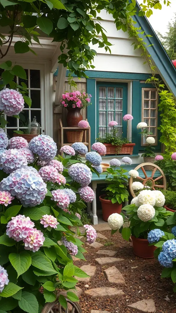 A charming cottage garden filled with colorful hydrangeas in various shades, showcasing a cozy outdoor space.
