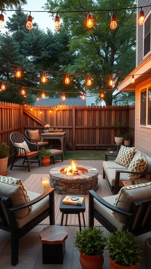 Cozy outdoor living space with a fire pit, comfortable seating, and string lights.