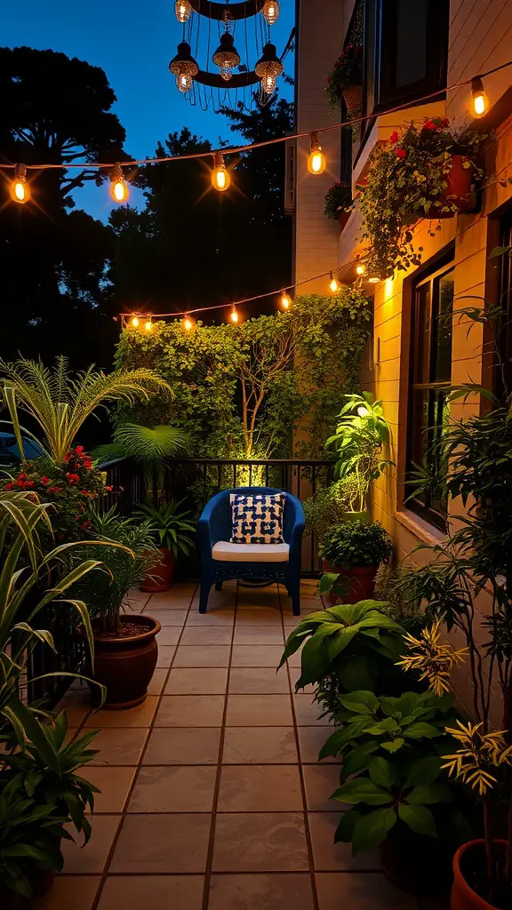 A beautifully lit balcony garden with string lights and a chandelier, surrounded by lush plants.
