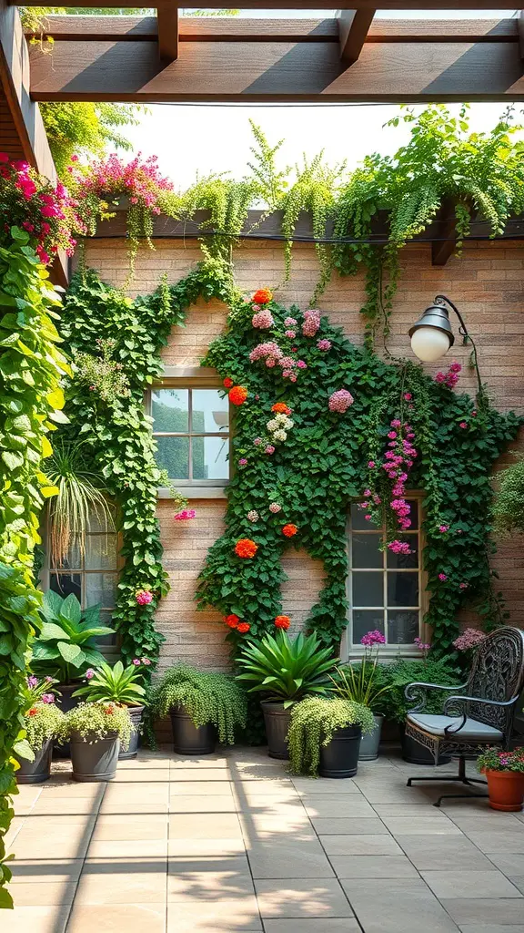 A patio with a vertical garden featuring colorful flowers and lush greenery against a brick wall.