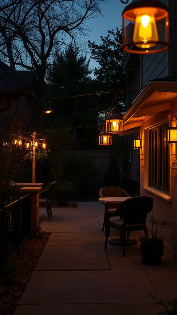 A cozy patio at night with warm outdoor lights hanging above, illuminating the space.