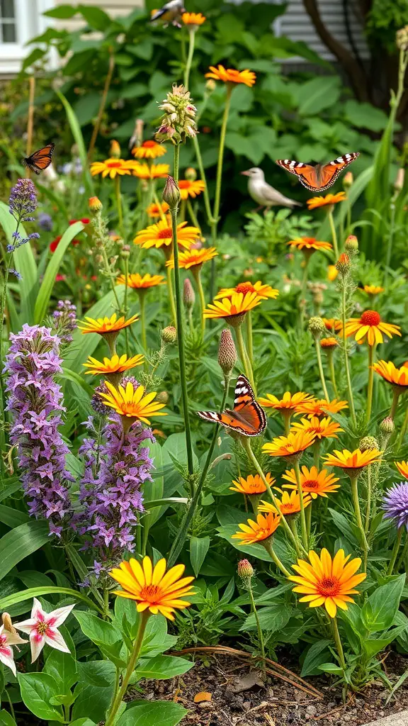A vibrant garden filled with orange daisies and purple loosestrife, with butterflies fluttering around.