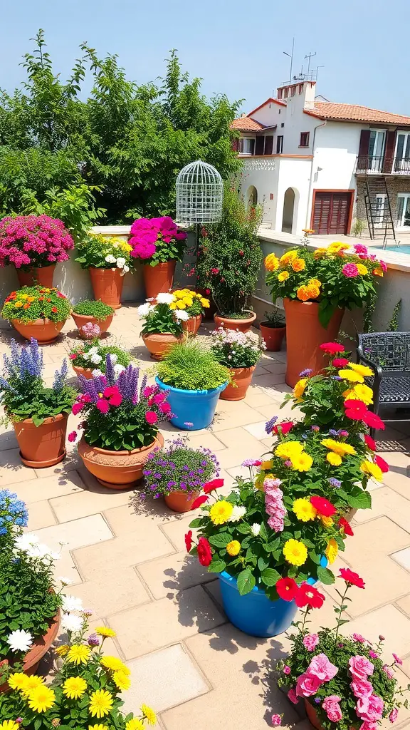 A terrace garden filled with colorful flower beds in various pots.