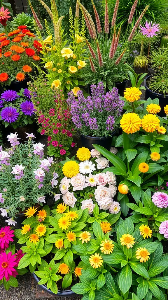 A vibrant collection of various flowers in pots, showcasing bright colors like yellow, orange, purple, and pink.
