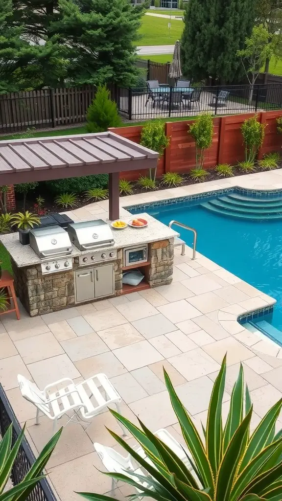 Outdoor kitchen near a pool with a stone grill, pergola, and seating area.