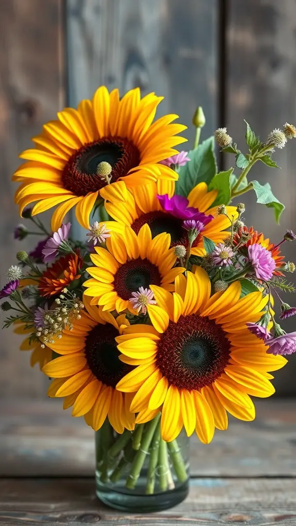 A vibrant bouquet of sunflowers and wildflowers in a glass vase on a wooden table.