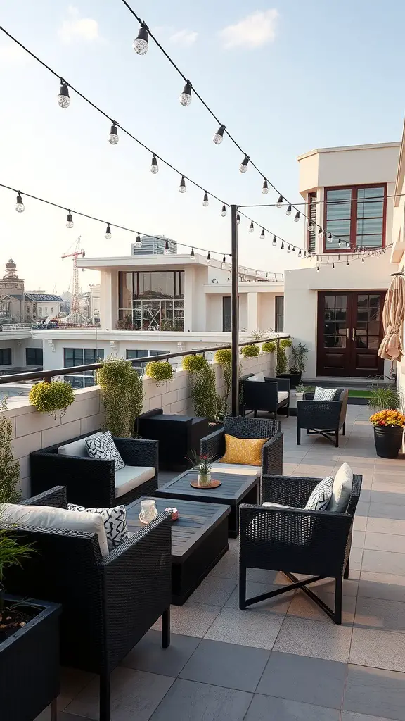A stylish terrace with black wicker furniture, cushions, and string lights.