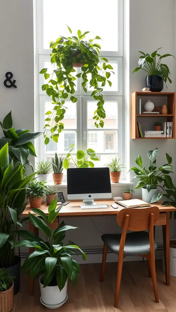 A cozy workspace with a wooden desk, computer, and various indoor plants, including a hanging plant by the window.