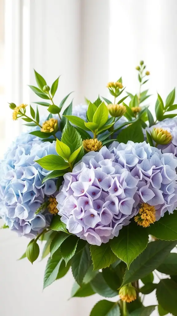 A beautiful hydrangea bouquet featuring blue and lavender flowers, surrounded by green foliage and yellow filler flowers.