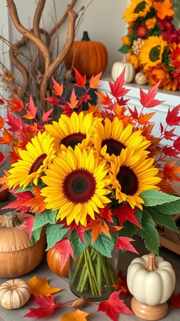 A vibrant arrangement of sunflowers and maple leaves, surrounded by pumpkins and autumn decor.