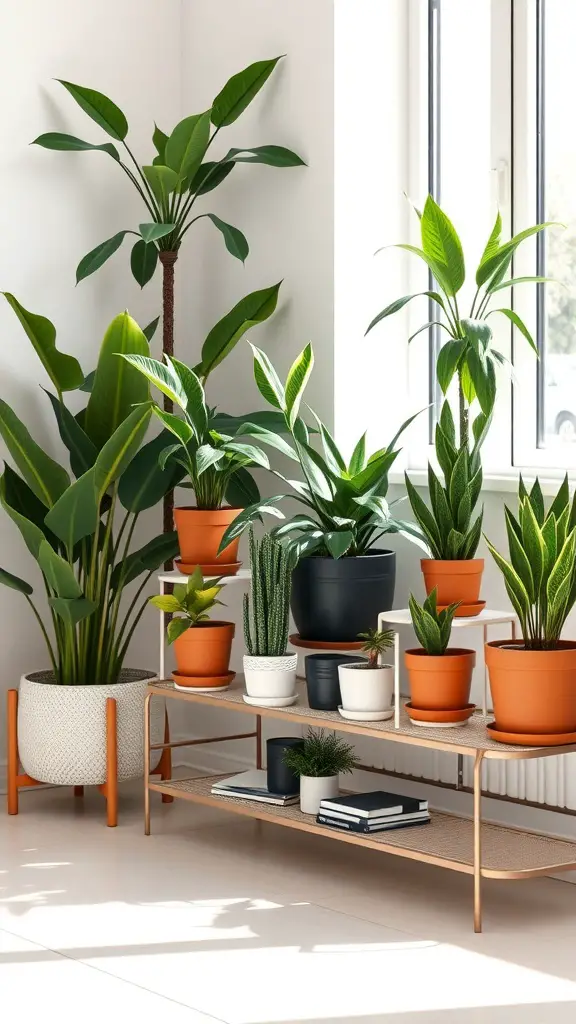 A stylish plant stand displaying various plants in pots, with sunlight coming through a window.