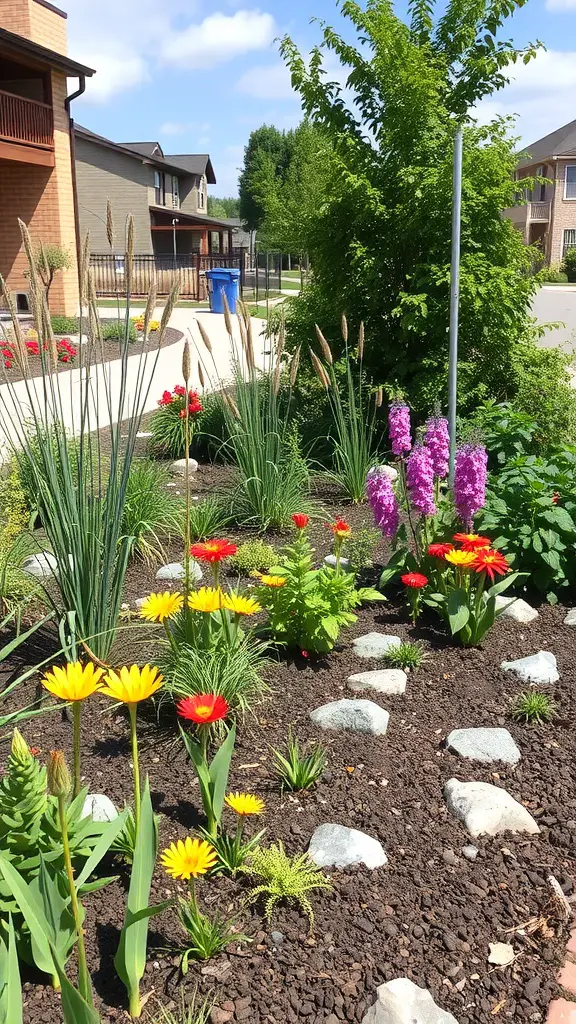 A colorful rain garden with various flowers and stones, designed to manage stormwater.