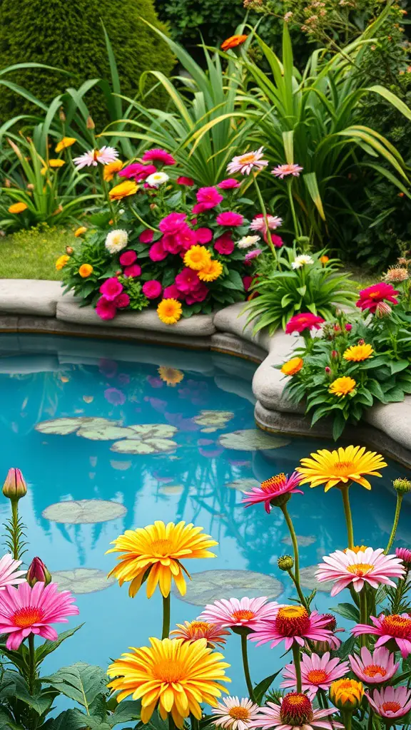 Colorful flowers surrounding a blue pool, showcasing seasonal blooms.