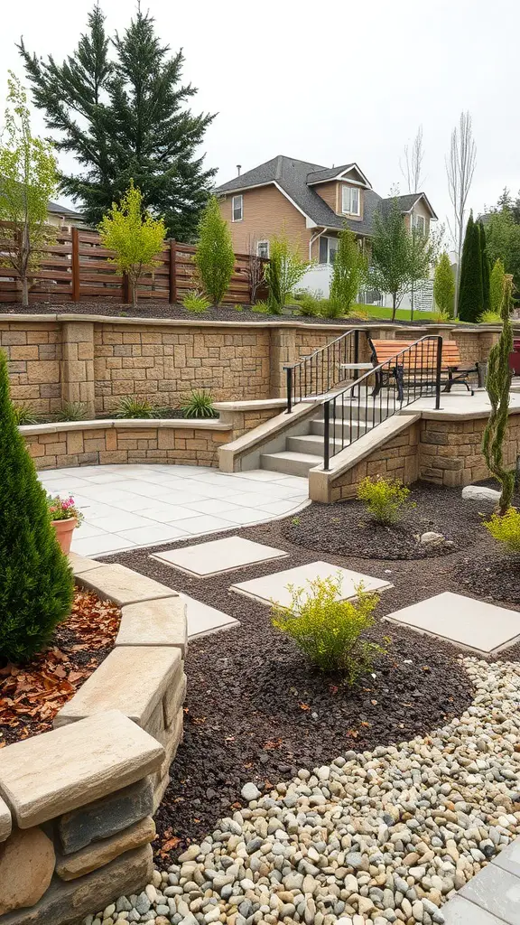 A landscaped yard featuring stone walls, pathways, and greenery.