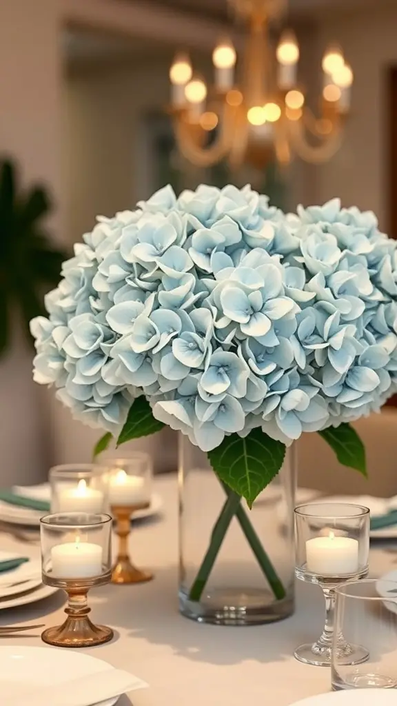 A minimalist centerpiece featuring a large bouquet of blue hydrangeas in a clear vase, surrounded by candles on a dining table.