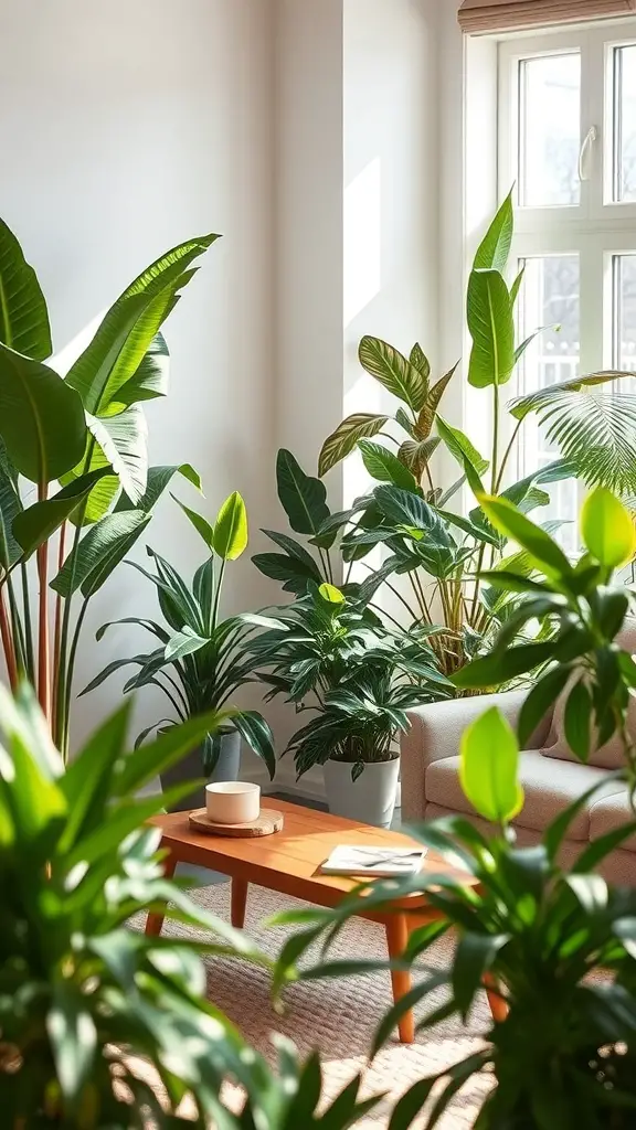 A cozy room filled with various indoor plants, showcasing their air-purifying benefits.
