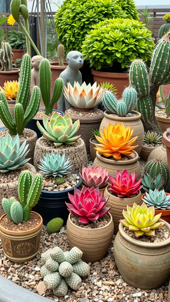 A vibrant display of various succulents and cacti in different pots, featuring colorful plants and decorative elements.