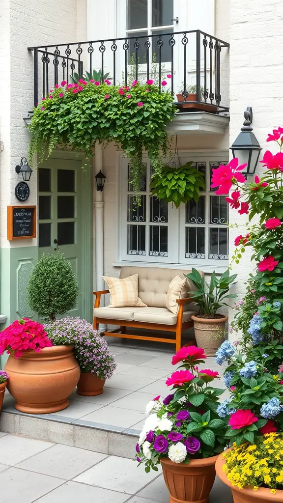 A cozy balcony with a wooden bench and colorful flower planters.