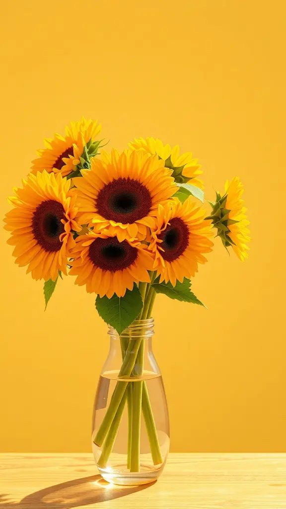 A bright sunflower bouquet in a clear vase against a yellow background.