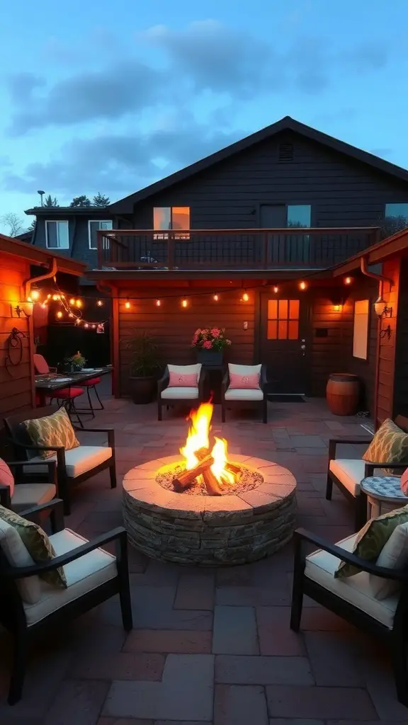 A cozy terrace with a stone fire pit surrounded by chairs, illuminated by string lights.