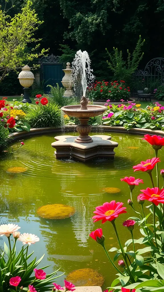 A beautiful garden featuring a fountain surrounded by colorful flowers.