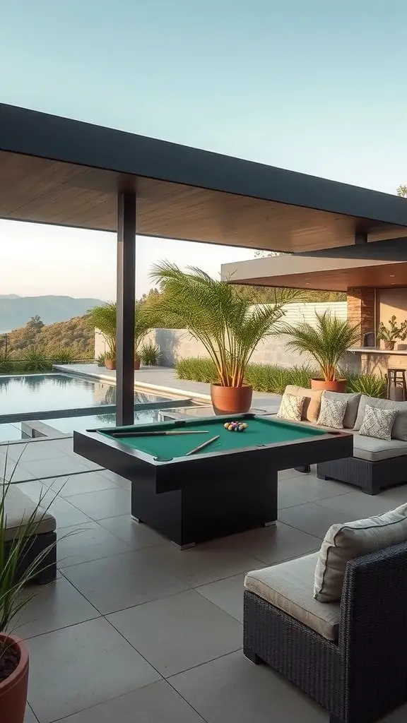 A stylish poolside area featuring a pool table, comfortable seating, and palm plants.