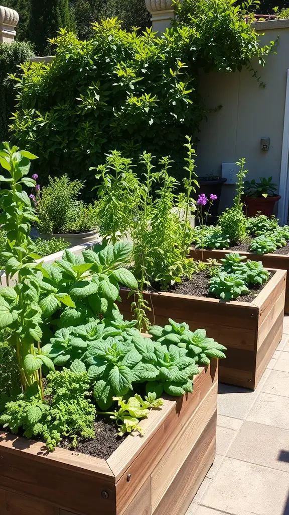 Wooden planters filled with various herbs and vegetables in a terrace garden.